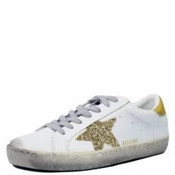 Nuheel® Woman Sequins Star Design Casual Lace-Up Distressed White Sneakers