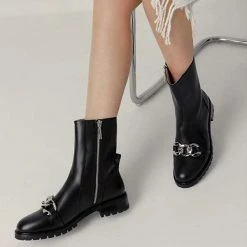 Nuheel® Nuheel Round Toe Metal Chain Punk Mid-Tube Platform Fashion Boots Black
