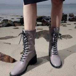 Nuheel® Nuheel Leather Thick-Heeled Martin Boots Combat Boots Women Gray 11