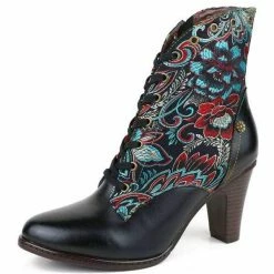 Nuheel® Ankle & Bootie Nuheel Ethnic Ankle Boots For Women Floral Lace Up Boots Pointed Toe Mid Block Heel