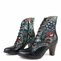 Nuheel® Ankle & Bootie Nuheel Ethnic Ankle Boots For Women Floral Lace Up Boots Pointed Toe Mid Block Heel
