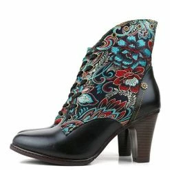 Nuheel® Ankle & Bootie Nuheel Ethnic Ankle Boots For Women Floral Lace Up Boots Pointed Toe Mid Block Heel