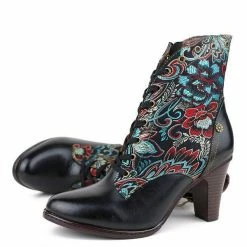 Nuheel® Ankle & Bootie Nuheel Ethnic Ankle Boots For Women Floral Lace Up Boots Pointed Toe Mid Block Heel