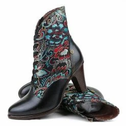 Nuheel® Ankle & Bootie Nuheel Ethnic Ankle Boots For Women Floral Lace Up Boots Pointed Toe Mid Block Heel