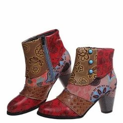 Nuheel® Ankle & Bootie Nuheel Ethnic Leather Ankle Boots Bohemian Short Booties Side Zipper Stitching Thick Heels