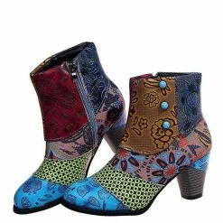 Nuheel® Ankle & Bootie Nuheel Ethnic Leather Ankle Boots Bohemian Short Booties Side Zipper Stitching Thick Heels
