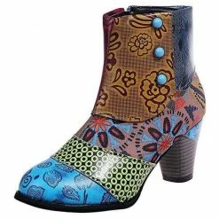Nuheel® Ankle & Bootie Nuheel Ethnic Leather Ankle Boots Bohemian Short Booties Side Zipper Stitching Thick Heels