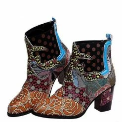 Nuheel® Ankle & Bootie Nuheel Ethnic Leather Ankle Boots Bohemian Short Booties Side Zipper Stitching Thick Heels