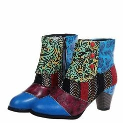 Nuheel® Ankle & Bootie Nuheel Ethnic Leather Ankle Boots Bohemian Short Booties Side Zipper Stitching Thick Heels