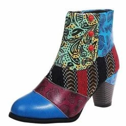 Nuheel® Ankle & Bootie Nuheel Ethnic Leather Ankle Boots Bohemian Short Booties Side Zipper Stitching Thick Heels