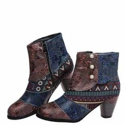 Nuheel® Ankle & Bootie Nuheel Ethnic Leather Ankle Boots Bohemian Short Booties Side Zipper Stitching Thick Heels