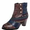 Nuheel® Ankle & Bootie Nuheel Ethnic Leather Ankle Boots Bohemian Short Booties Side Zipper Stitching Thick Heels