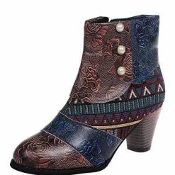 Nuheel® Ankle & Bootie Nuheel Ethnic Leather Ankle Boots Bohemian Short Booties Side Zipper Stitching Thick Heels