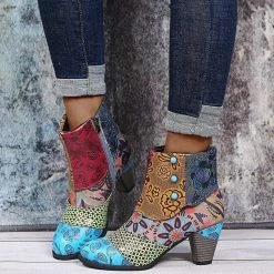Nuheel® Ankle & Bootie Nuheel Ethnic Leather Ankle Boots Bohemian Short Booties Side Zipper Stitching Thick Heels