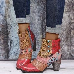 Nuheel® Ankle & Bootie Nuheel Ethnic Leather Ankle Boots Bohemian Short Booties Side Zipper Stitching Thick Heels