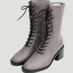 Nuheel® Nuheel Leather Thick-Heeled Martin Boots Combat Boots Women Gray 11