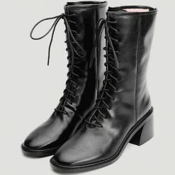 Nuheel® Nuheel Leather Thick-Heeled Martin Boots Combat Boots Women Gray 11