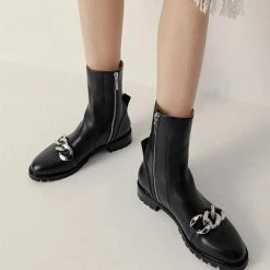 Nuheel® Nuheel Round Toe Metal Chain Punk Mid-Tube Platform Fashion Boots Black