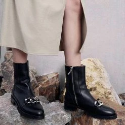 Nuheel® Nuheel Round Toe Metal Chain Punk Mid-Tube Platform Fashion Boots Black