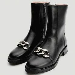 Nuheel® Nuheel Round Toe Metal Chain Punk Mid-Tube Platform Fashion Boots Black