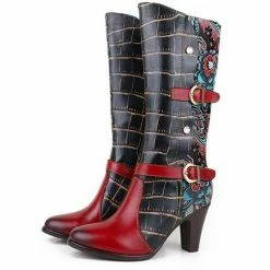 Nuheel® High Boots Nuheel Leather Wide Calf Boots For Women Ethnic Retro High Heel Boots Stitching Contrast Color