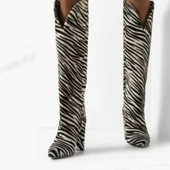 Nuheel® Nuheel Knee High Boots For Women Chunky Heel High Boots Zebra Pattern Pointed Toe