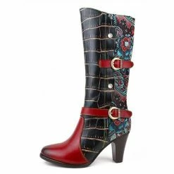 Nuheel® High Boots Nuheel Leather Wide Calf Boots For Women Ethnic Retro High Heel Boots Stitching Contrast Color