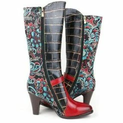 Nuheel® High Boots Nuheel Leather Wide Calf Boots For Women Ethnic Retro High Heel Boots Stitching Contrast Color