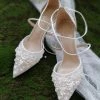 Nuheel® Nuheel Wedding Shoes Design White Leather Pointed Bridal Lace Handmade High Heels