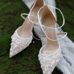 Nuheel® Nuheel Wedding Shoes Design White Leather Pointed Bridal Lace Handmade High Heels