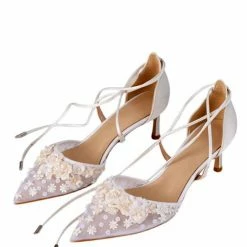 Nuheel® Nuheel Wedding Shoes Design White Leather Pointed Bridal Lace Handmade High Heels