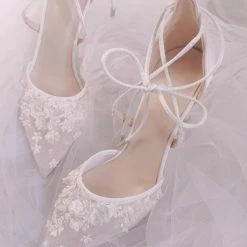 Nuheel® Nuheel Wedding Shoes Design White Leather Pointed Bridal Lace Handmade High Heels