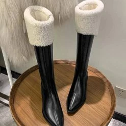 Nuheel® High Boots Nuheel Snow Boots Women Calf Boots Mid Heel Pointed Head Side Zipper Cowhide Thick Heel