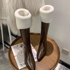 Nuheel® High Boots Nuheel Snow Boots Women Calf Boots Mid Heel Pointed Head Side Zipper Cowhide Thick Heel