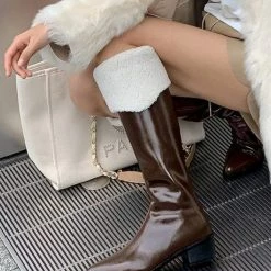 Nuheel® High Boots Nuheel Snow Boots Women Calf Boots Mid Heel Pointed Head Side Zipper Cowhide Thick Heel