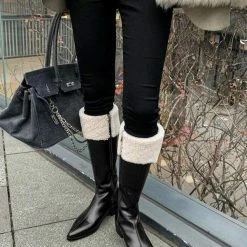 Nuheel® High Boots Nuheel Snow Boots Women Calf Boots Mid Heel Pointed Head Side Zipper Cowhide Thick Heel