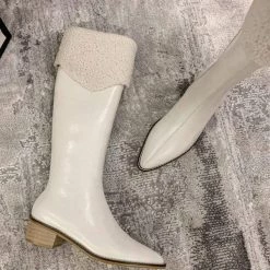 Nuheel® High Boots Nuheel Snow Boots Women Calf Boots Mid Heel Pointed Head Side Zipper Cowhide Thick Heel