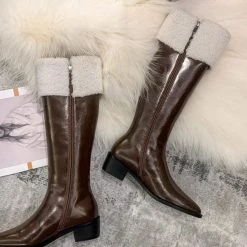 Nuheel® High Boots Nuheel Snow Boots Women Calf Boots Mid Heel Pointed Head Side Zipper Cowhide Thick Heel