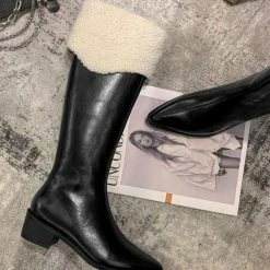 Nuheel® High Boots Nuheel Snow Boots Women Calf Boots Mid Heel Pointed Head Side Zipper Cowhide Thick Heel