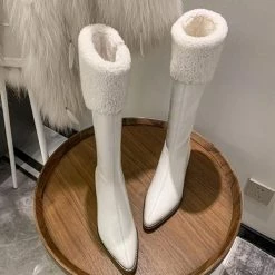 Nuheel® High Boots Nuheel Snow Boots Women Calf Boots Mid Heel Pointed Head Side Zipper Cowhide Thick Heel