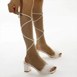 Nuheel® Woman's Chunky Heel Cross Strap Heeled Sandals With Feathers