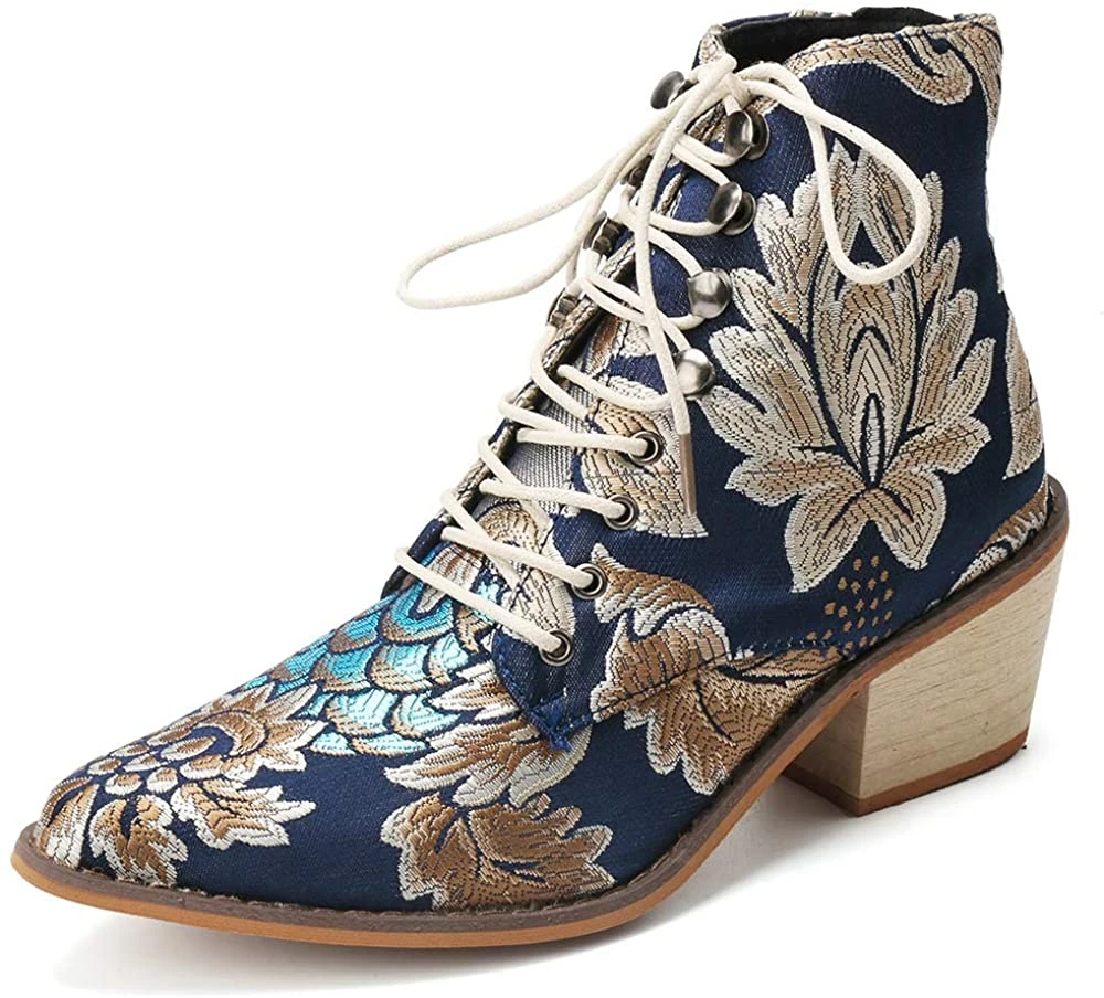 Nuheel® Woman Women's Vintage Ankle Boots Embroidered Low Block Heel 13 Nuheel® Woman Women's Vintage Ankle Boots Embroidered Low Block Heel
