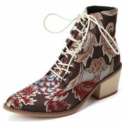 Nuheel® Woman Women's Vintage Ankle Boots Embroidered Low Block Heel