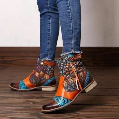 Nuheel® Women's Ankle Boots Cross Tied Bohemian Floral Boots Woman