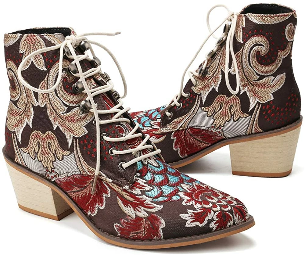 Nuheel® Woman Women's Vintage Ankle Boots Embroidered Low Block Heel 5 Nuheel® Woman Women's Vintage Ankle Boots Embroidered Low Block Heel