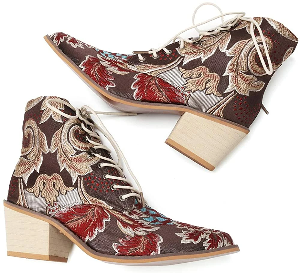 Nuheel® Woman Women's Vintage Ankle Boots Embroidered Low Block Heel 6 Nuheel® Woman Women's Vintage Ankle Boots Embroidered Low Block Heel