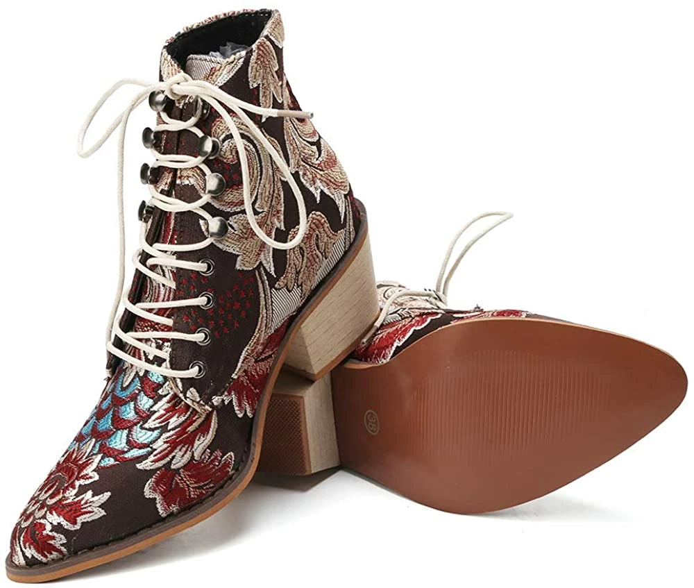 Nuheel® Woman Women's Vintage Ankle Boots Embroidered Low Block Heel 7 Nuheel® Woman Women's Vintage Ankle Boots Embroidered Low Block Heel