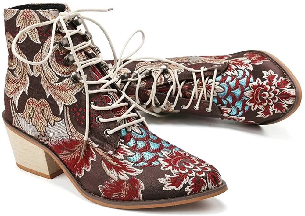 Nuheel® Woman Women's Vintage Ankle Boots Embroidered Low Block Heel 8 Nuheel® Woman Women's Vintage Ankle Boots Embroidered Low Block Heel
