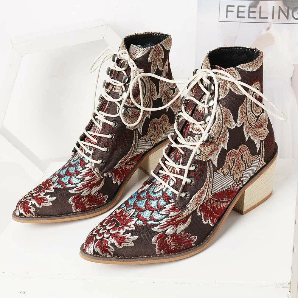 Nuheel® Woman Women's Vintage Ankle Boots Embroidered Low Block Heel 9 Nuheel® Woman Women's Vintage Ankle Boots Embroidered Low Block Heel