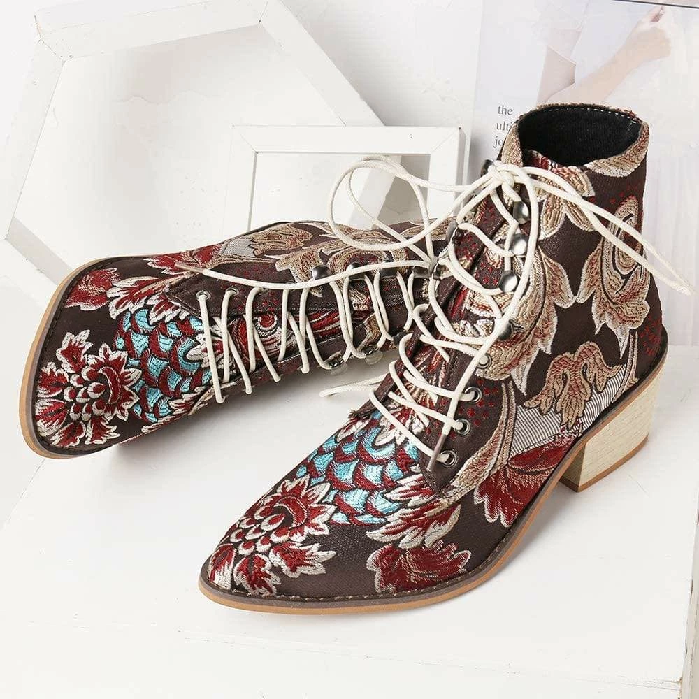 Nuheel® Woman Women's Vintage Ankle Boots Embroidered Low Block Heel 10 Nuheel® Woman Women's Vintage Ankle Boots Embroidered Low Block Heel